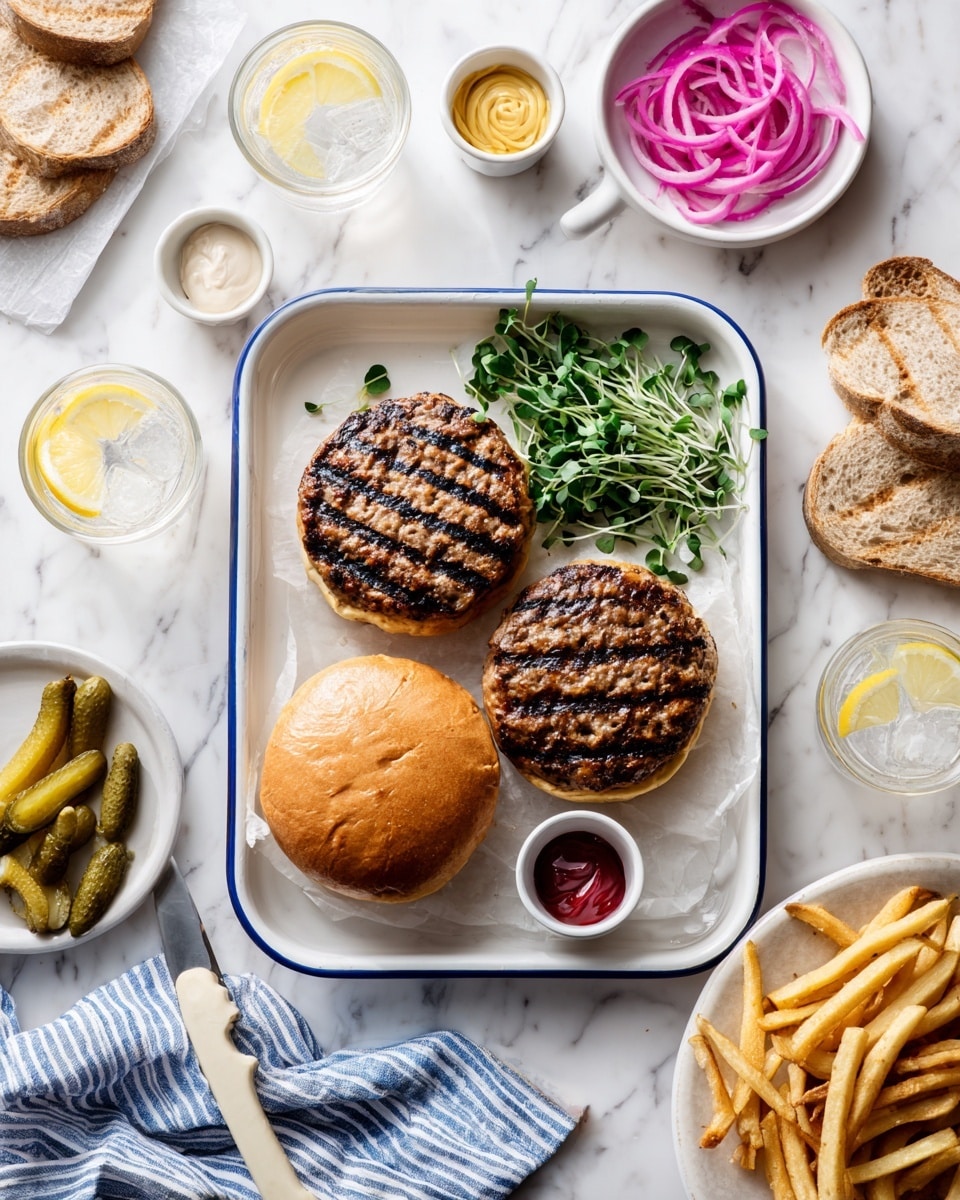 The image shows three grilled burger patties with dark grill marks on white buns, loosely placed on a white tray with a blue rim. Around the patties are small piles of green sprouts and three small bowls: one with pink pickled onions at the top, one with light yellowish mustard at the bottom, and one with sliced pickles to the right. To the right of the tray, there is a small pile of golden French fries directly on a white marbled surface. Above the tray, there is a small white bowl of mayonnaise and a small white bowl of red ketchup. Two slices of grilled toasted buns and a white plate with rings of purple onion are shown on the right side. Two clear glasses of water with lemon slices sit on the marbled surface near the top left and bottom left corners. A woman's hand holding a knife with a white handle rests on a white plate with a burger patty, ketchup, and pickles in the top left corner. A folded blue and white striped cloth sits beneath the tray on the bottom left side. The background is a white marbled texture photo taken with an iphone --ar 4:5 --v 7
