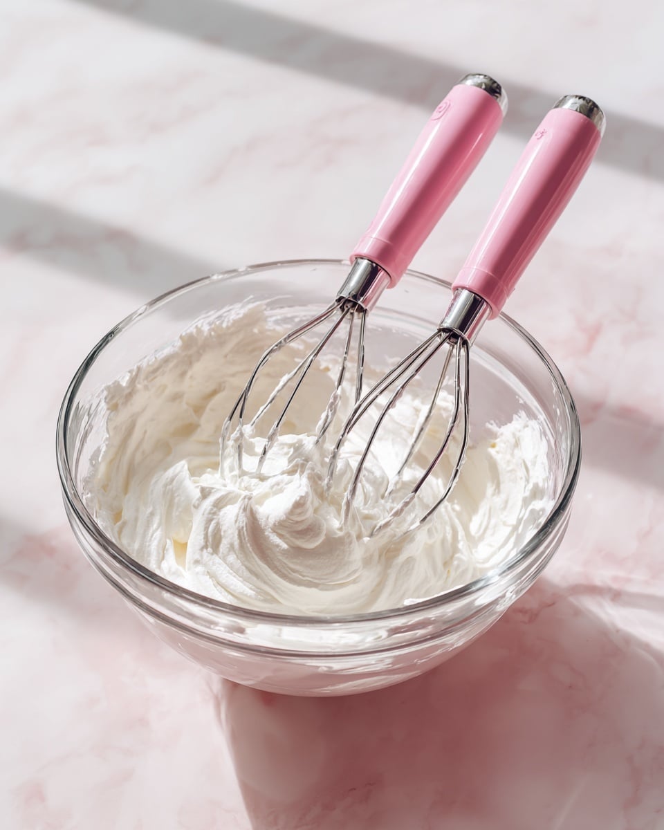 A clear glass bowl is filled with thick, white whipped cream with soft, smooth peaks on its surface. Two shiny metal beaters from a pink electric mixer are placed inside the cream, showing light reflections and some cream clinging to the beaters. The bowl rests on a white marbled surface, and the background is softly lit with a clean bright feel. photo taken with an iphone --ar 4:5 --v 7