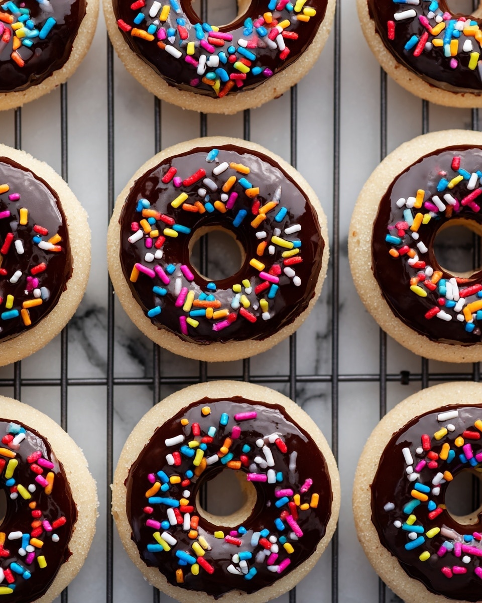 Several round donuts are shown on a black cooling rack over a white marbled surface. Each donut has a light tan base layer, topped with a thick, smooth dark chocolate layer that covers the top fully. Colorful, small cylindrical sprinkles are scattered unevenly over the chocolate layer on each donut. The image looks bright and clear, with a focus on the shiny texture of the chocolate and the contrasting colors of the sprinkles. photo taken with an iphone --ar 4:5 --v 7