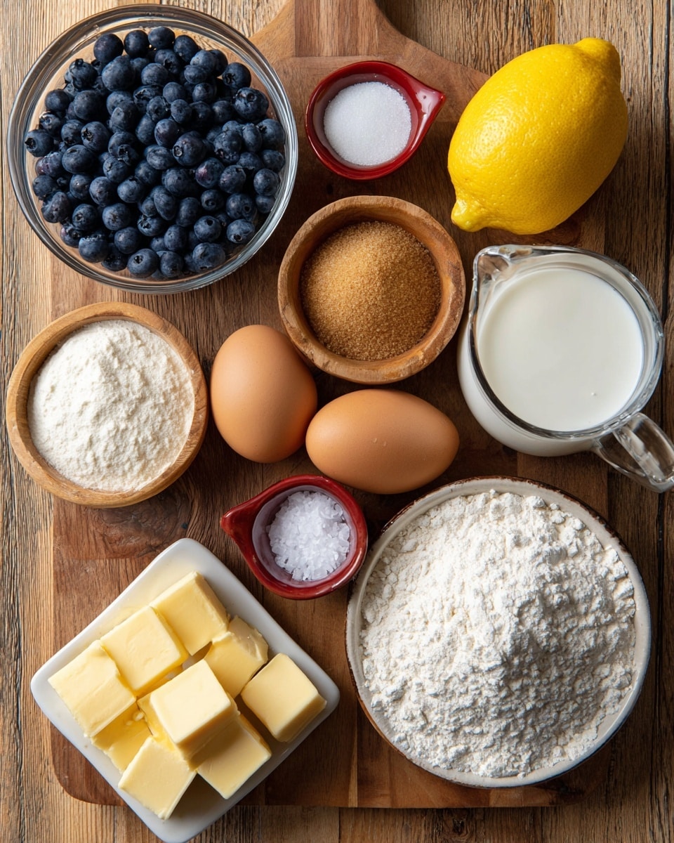 The image shows a wooden surface with ingredients arranged neatly for baking. There is a clear white marbled texture background with a clear glass measuring cup filled with fresh blueberries on the top left. Next to it, on the right, sits a bright yellow lemon with a small wooden bowl filled with brown sugar below the lemon. To the right of the bowl, there is a glass measuring jug filled with white sugar. Below the jug are two brown eggs placed close to each other. At the bottom left, there is a white square dish with several cubes of yellow butter. Next to it, slightly to the right, is a small white bowl filled with white flour. Next to the flour, there is a small clear bottle labeled vanilla extract. A small red dish filled with white salt is located near the eggs. The scene is bright and arranged in an orderly manner. Photo taken with an iphone --ar 4:5 --v 7