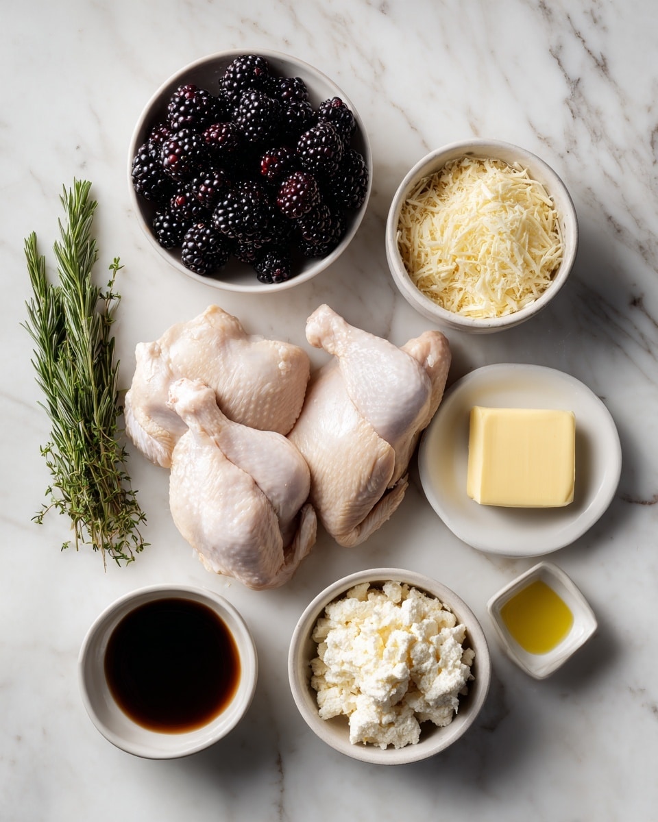 The image shows a white marble surface with several small white bowls and three raw chicken pieces arranged neatly. There are two small bundles of fresh green herbs placed beside the chicken. One bowl holds blackberries, dark and shiny, another has finely grated cheese that is pale yellow, and a third bowl contains a crumbly white cheese. There is a small square of pale yellow butter on the marble surface near a small bowl filled with dark brown liquid. Another bowl holds light golden oil. The overall layout is organized with all ingredients clearly visible and spaced apart. photo taken with an iphone --ar 4:5 --v 7