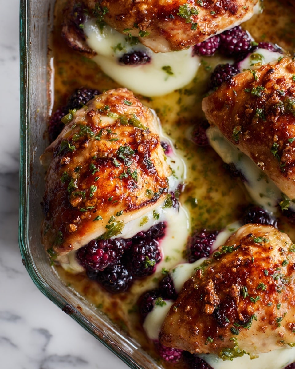 The dish shows four pieces of golden brown cooked chicken, each sliced open and filled with layers inside: shiny black blackberries, melted white cheese dripping down the sides, and small chunks of green jalapeño peppers. The chicken skin looks crispy and sprinkled with chopped green herbs on top. The chicken rests in a glass baking dish with some buttery juices pooling around the edges on a white marbled surface. The colors are warm with the dark purples of the berries contrasting with the bright white cheese and green pepper pieces, making the dish look fresh and tasty. photo taken with an iphone --ar 4:5 --v 7