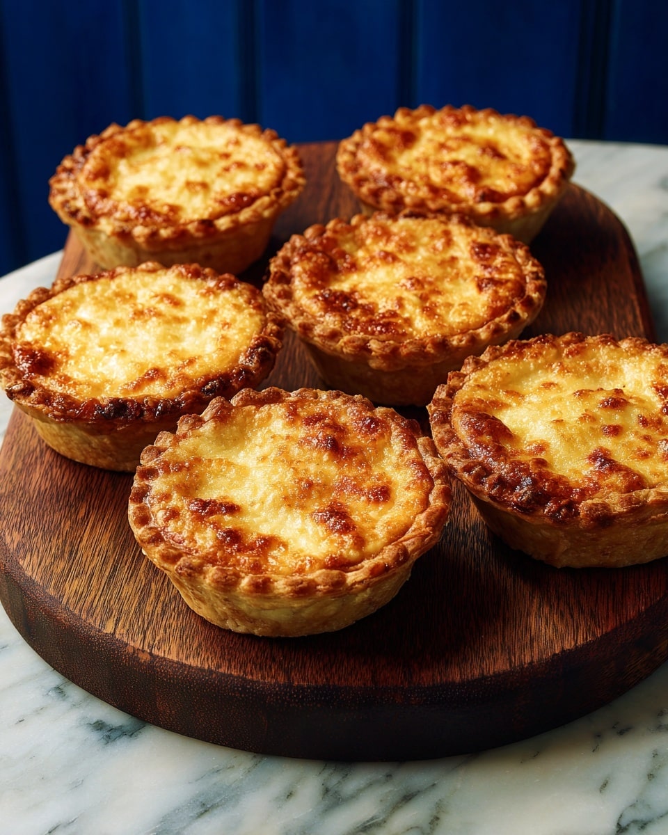 The image shows five small round pies with a golden brown, crispy crust. Each pie is filled with a rich, dark brown filling topped with a layer of melted cheese that is bubbly and slightly browned. The pies are placed closely together on a dark wooden board, which sits on a white marbled surface. The texture of the crust looks flaky and firm, while the cheese on top is smooth with some crispy edges. Photo taken with an iphone --ar 4:5 --v 7