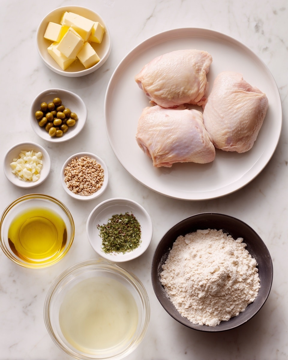 A white plate in the center holds two raw chicken pieces with smooth, pale pink skin. Around it are small white bowls containing different ingredients: bright yellow butter cubes, dark green capers, and golden olive oil. A small bowl with light brown seeds, another with light beige powder, and a bowl with finely chopped green herbs are also arranged neatly. At the bottom, a round black bowl filled with white flour contrasts against a white marbled surface. Two clear glass bowls hold a pale yellow liquid and small minced garlic pieces. The photo looks clear and bright, photo taken with an iphone --ar 4:5 --v 7