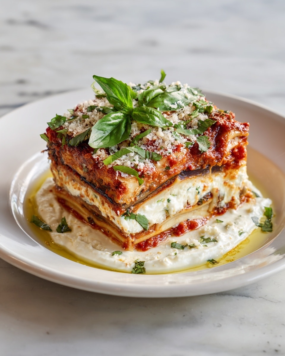 The image shows a layered lasagna square served on a white plate placed on a white marbled surface. The lasagna has multiple layers: the top layer is dark brown with melted cheese and sprinkled grated cheese, garnished with fresh green basil leaves. Below that, there are alternating layers of white creamy cheese, red tomato sauce, and cooked eggplants with a glossy texture. The stack sits on a smooth white sauce spread evenly on the plate with a drizzle of olive oil around the sauce. Photo taken with an iphone --ar 4:5 --v 7