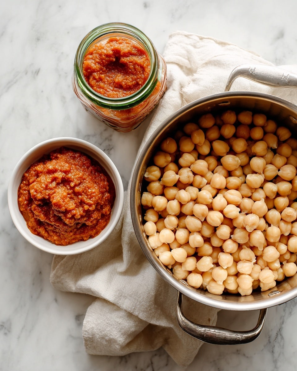 The image shows a large silver pot filled with round, pale beige chickpeas placed on a white marbled surface. Next to the pot is a small white bowl filled with a thick, reddish-brown chunky sauce. Behind the bowl, there is a clear jar with a green lid, containing a red-orange chunky condiment. All items are arranged on a white cloth on the white marbled surface. photo taken with an iphone --ar 4:5 --v 7