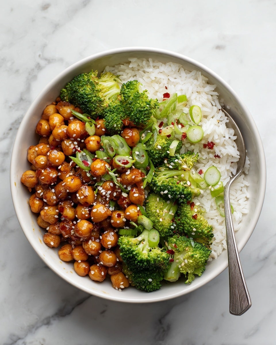 A white bowl holds three main layers: at the bottom, there is fluffy white rice with a soft texture; on one side, bright green broccoli florets with a slightly rough surface, placed neatly; on the other side, golden-brown chickpeas coated in a shiny sauce, sprinkled with white sesame seeds and small red chili flakes, adding texture and color contrast. A silver spoon rests inside the bowl, partially touching the rice. The bowl is set on a white marbled surface with small spices scattered around. Photo taken with an iphone --ar 4:5 --v 7