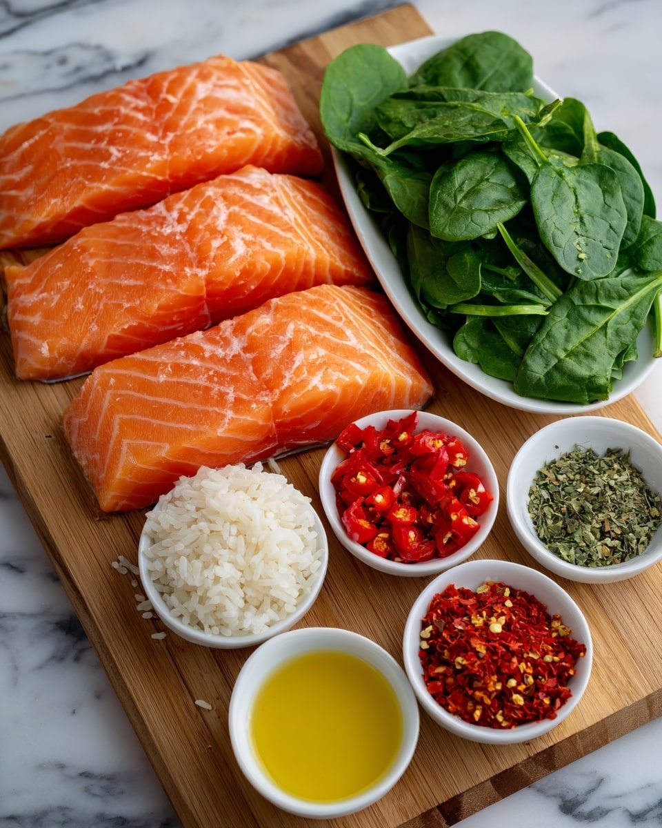 The image shows a wooden board holding three bright orange salmon fillets with light white lines, placed on the left side. To the right, there is a white bowl full of fresh bright green spinach with shiny leaves. Below, there are five small white bowls arranged in a rough semicircle; starting from the left, the first bowl has fluffy white rice, the second holds golden yellow olive oil, the third contains chopped red peppers, the fourth bowl has a small amount of red paprika powder, and the last one holds coarse light green herbs. The whole scene is set on a white marbled surface. Photo taken with an iphone --ar 4:5 --v 7
