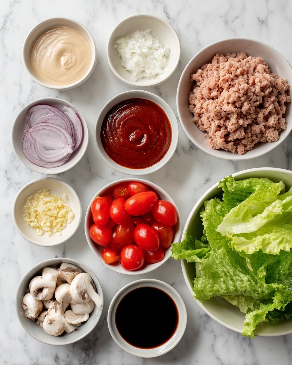 The image shows several white bowls arranged on a white marbled surface. The top left bowl holds a light beige creamy sauce. Next to it, there is a packet of raw ground meat with a pale pink color. Below the sauce bowl, a bowl contains a thick dark red sauce. To the right of that, a bowl holds white salt and bright red chili powder. Below the white salt, a bowl has light yellow minced garlic with a soft texture. In the bottom left, there is a bowl filled with small chopped white mushrooms. To the right, a bowl contains dark brown soy sauce. Next to the soy sauce, a bowl holds sliced bright red cherry tomatoes. Above the tomatoes, a bowl has vibrant purple slices of onion. Finally, a large white bowl on the far right is filled with fresh leafy green lettuce. photo taken with an iphone --ar 4:5 --v 7