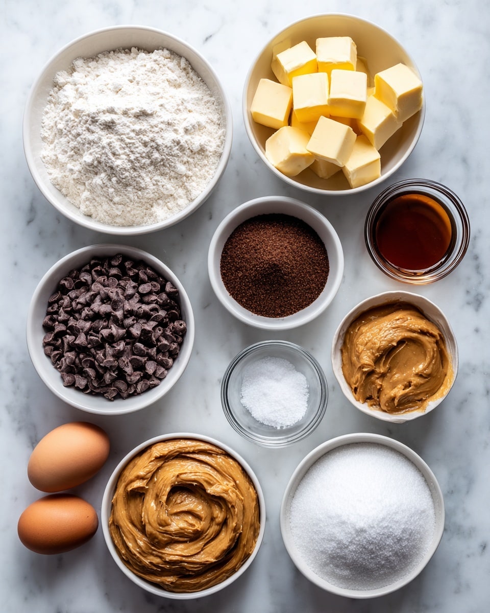 The image shows nine white bowls and two brown eggs arranged on a white marbled surface. Starting from the top left, there's a large bowl filled with white flour, below it a bowl with square pieces of yellow butter. To the right of the butter, there is a bowl of dark brown sugar, and to its right is a small glass bowl of white salt. Below the brown sugar, a large bowl is filled with dark chocolate chips, and next to it on the right, a small glass bowl with brown liquid vanilla extract. To the right of the vanilla, there is a large bowl filled with creamy brown peanut butter. At the bottom center, a small glass bowl contains white baking soda. To the right of the eggs, there is a large bowl of white granulated sugar. The two brown eggs are placed next to each other between the sugar and salt bowls. The overall look is neat with all the ingredients clearly visible in clean, white bowls. photo taken with an iphone --ar 4:5 --v 7