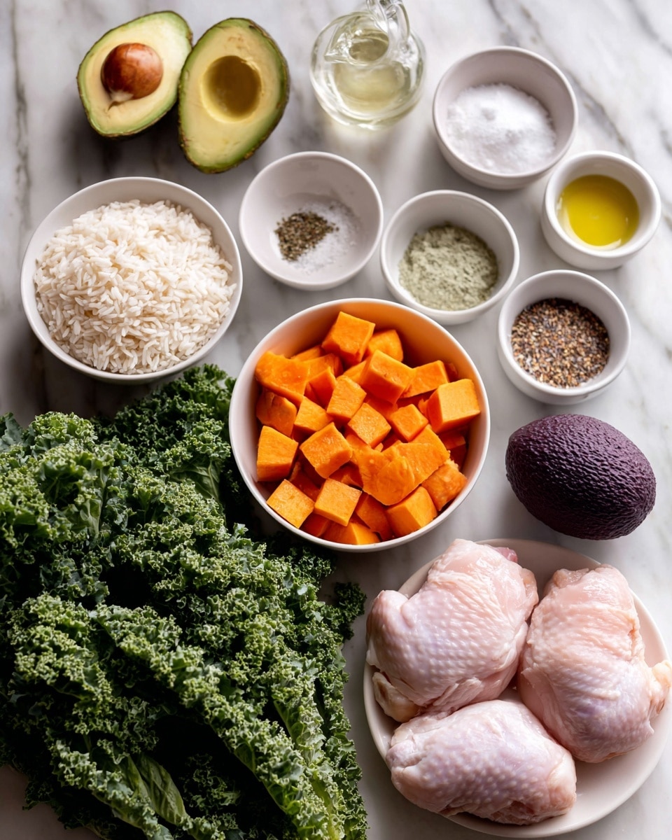 The image shows a neat arrangement of fresh ingredients on a white marbled surface, each placed in small white bowls or directly on the surface. There are two raw chicken pieces with a light pale pink color positioned on the right side in a white bowl. To their left, there is a white bowl filled with bright orange cubed sweet potatoes. Above the sweet potatoes, a woman’s hand holds a container with light golden olive oil. Above the chicken, there are small white bowls containing various ingredients including white rice, coarse salt, black pepper, ground turmeric, and a creamy white sauce. A large bunch of deep green kale with a curly texture is spread out at the bottom left, and beside it sits a dark purple avocado with a smooth texture. photo taken with an iphone --ar 4:5 --v 7