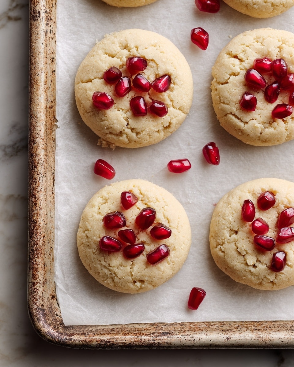Several round cookies are arranged in rows on white parchment paper, which is placed on a baking tray with worn, slightly rusty edges. Each cookie has one thick layer of light beige dough with a rough texture. On top, there are five to eight shiny, red pomegranate seeds scattered evenly, adding bright red spots against the beige dough. The cookies look soft and slightly crumbly around the edges. The background surface is a white marbled texture. photo taken with an iphone --ar 4:5 --v 7