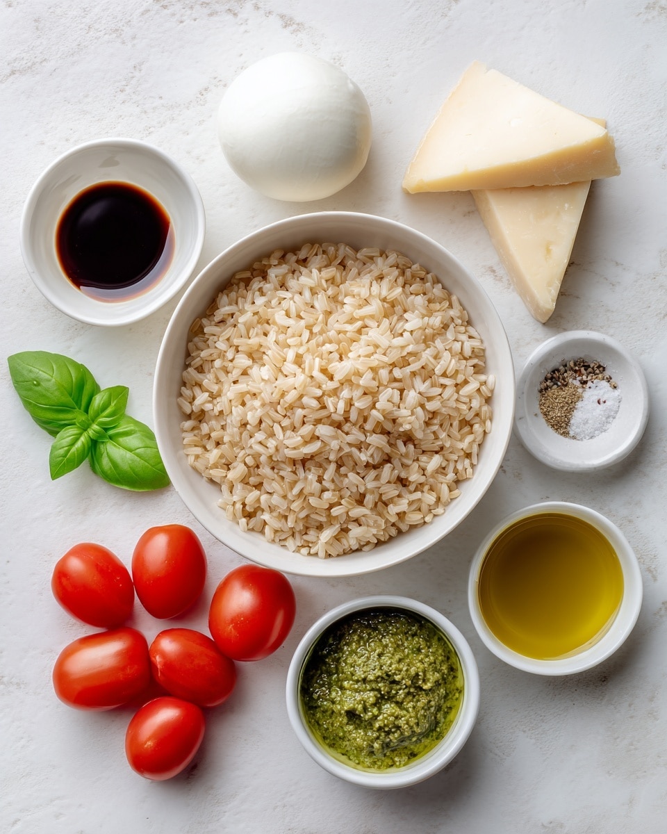The image shows a white bowl full of cooked brown rice at the bottom center. Around the bowl, there are several ingredients placed on a white marbled surface: a round ball of mozzarella cheese at the top left, a triangular block of pale yellow cheese to its right, a small white bowl with a mix of salt and pepper near the top right, a few fresh green basil leaves beside it, a round white bowl with smooth green pesto sauce below the salt and pepper, a cluster of bright red grape tomatoes to the left of the pesto, a small white bowl with dark balsamic vinegar to the left of the tomatoes, and a small white bowl with golden olive oil beside it. The colors are soft and natural, showing fresh and simple ingredients. photo taken with an iphone --ar 4:5 --v 7