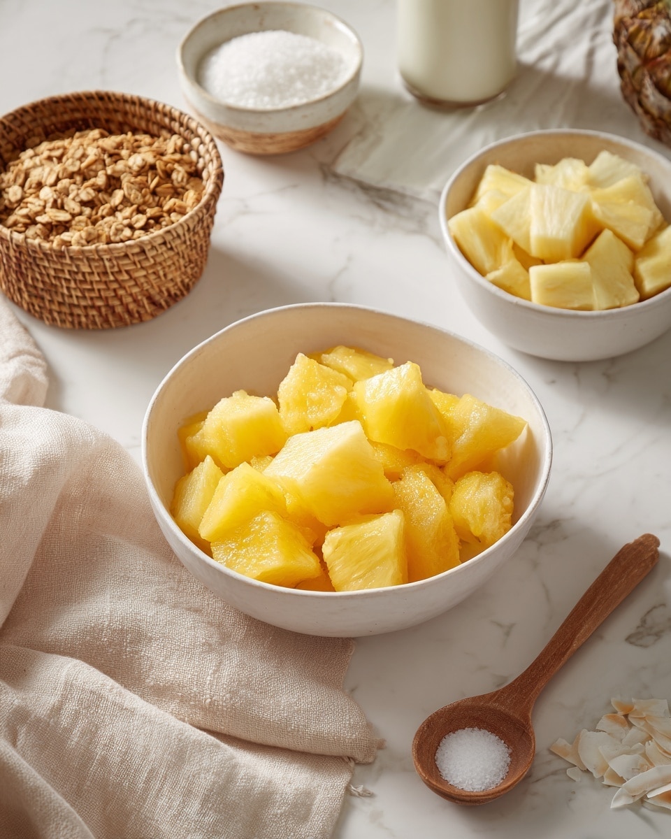 A white bowl filled with frozen orange chunks is placed on a white marbled surface, next to another white bowl holding pale yellow pineapple pieces. Nearby, a small woven basket contains brown granola, and a small white bowl holds white coconut flakes. A small wooden spoon with white liquid rests beside the bowls. The arrangement is tidy with a soft beige cloth underneath some bowls. Photo taken with an iphone --ar 4:5 --v 7