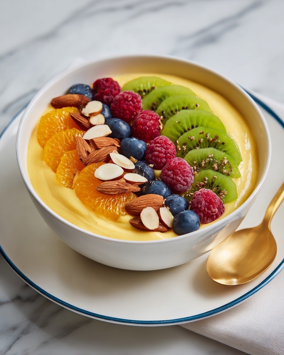 A white bowl filled with smooth, yellow mango smoothie as the base layer. On top, there are five bright orange mandarin slices arranged in a curved row along one side. Next to them, there is a row of round, dark blue blueberries mixed with sliced light brown almonds. A few red raspberries are also placed among the blueberries and almonds. On the other side of the bowl, six green kiwi slices with small black seeds form a curved line. The kiwi slices are sprinkled lightly with tiny black chia seeds. The bowl sits on a white marbled surface, and there is a gold spoon placed next to it. photo taken with an iphone --ar 4:5 --v 7