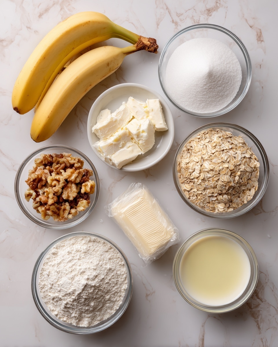 The image shows a white marbled surface with several small transparent glass bowls filled with different baking ingredients arranged in a neat layout. There are four peeled bananas placed on the left side, with one peeled banana in the lower left corner. From top left to right are three bowls containing white granulated sugar, white flour, and a creamy liquid, respectively. Below those are three more bowls containing chopped nuts, light brown soft dough, and dry oats. On the bottom row, there are two bowls, one holding white powdered flour and the other filled with a light yellow liquid, likely oil or melted butter. A wrapped cream cheese block is placed near the peeled bananas as well. Photo taken with an iphone --ar 4:5 --v 7