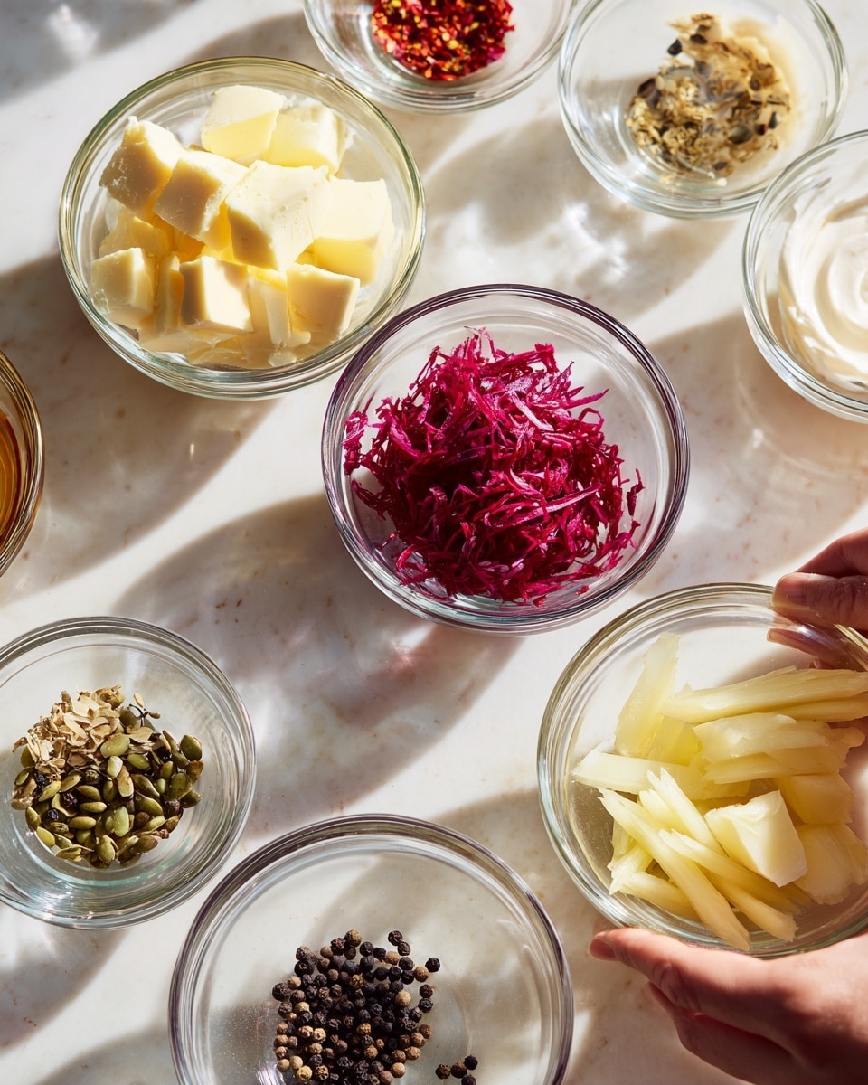 The image shows nine small clear glass bowls arranged on a white marbled surface, each holding different ingredients. In the top left bowl, there are chunks of pale yellow butter with a soft texture. Next to it on the right is a bowl filled with a bright magenta-red shredded or grated ingredient. To the right of that is a clear bowl with a thick white liquid that looks like cream. Below these, in a line, are smaller bowls: one holding small green seeds or nuts, another with black round seeds or pepper, and one more with red chili flakes. On the bottom right side, there are two more bowls: one containing soft, pale yellow slices that look like pineapple or cheese, and another with a thin, light brown liquid resembling broth or juice. The light shines softly on the glass bowls, showing clear shadow edges. A woman's hand is partly visible at the bottom right, gently holding one of the bowls. The overall look is clean and organized, focusing on textures and colors of each ingredient. photo taken with an iphone --ar 4:5 --v 7