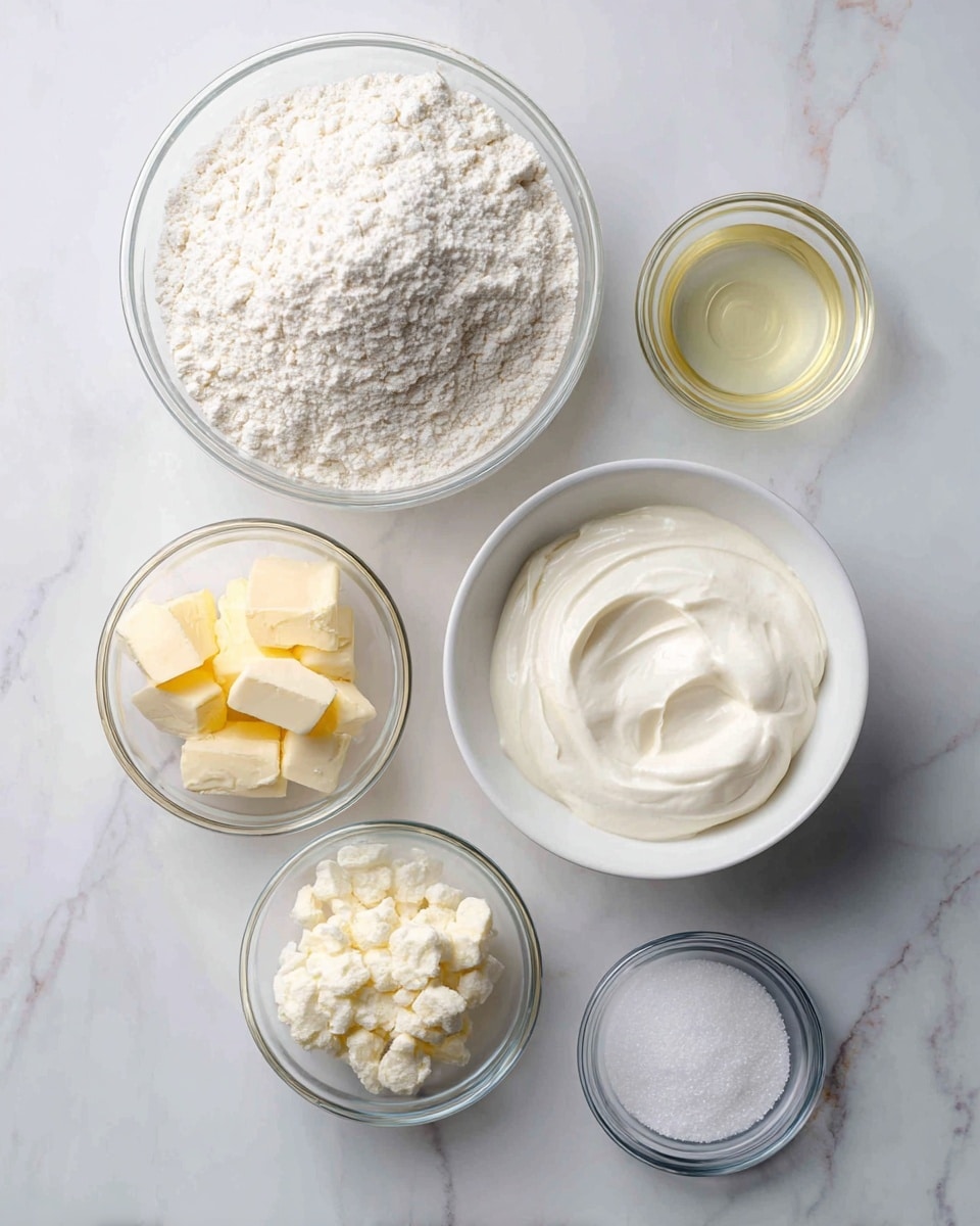Six clear glass bowls are arranged on a white marbled texture surface; the largest bowl on the left is filled with off-white flour with some small clumps visible; to its right is a medium white bowl full of creamy white sour cream with a smooth texture; next to it is a medium bowl holding a clear pale yellow liquid, likely oil; below, from left to right, smaller glass bowls contain light yellow softened butter chunks, white granulated sugar, fine white salt, and a small amount of clear water. The photo taken with an iphone --ar 4:5 --v 7