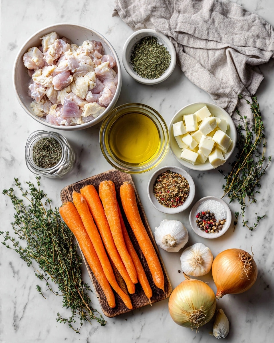 This image shows raw ingredients laid out on a white marbled surface: a white bowl filled with chopped raw chicken pieces at the bottom left, next to six bright orange whole carrots arranged in a row on a wooden board. Above the carrots, there is a small white bowl with dried green herbs. To the right, sprigs of fresh green thyme spread across the surface alongside three yellow onions and two heads of garlic. At the top center, a clear glass bowl holds white chunks of cheese. Near the cheese is a glass jar filled with golden olive oil. Small white bowls contain a mix of colorful whole peppercorns with thyme, ground light brown spices, and a used garlic bulb. A small clear spice jar filled with crushed pepper is at the far left. A light gray cloth is draped casually in the top right corner. photo taken with an iphone --ar 4:5 --v 7