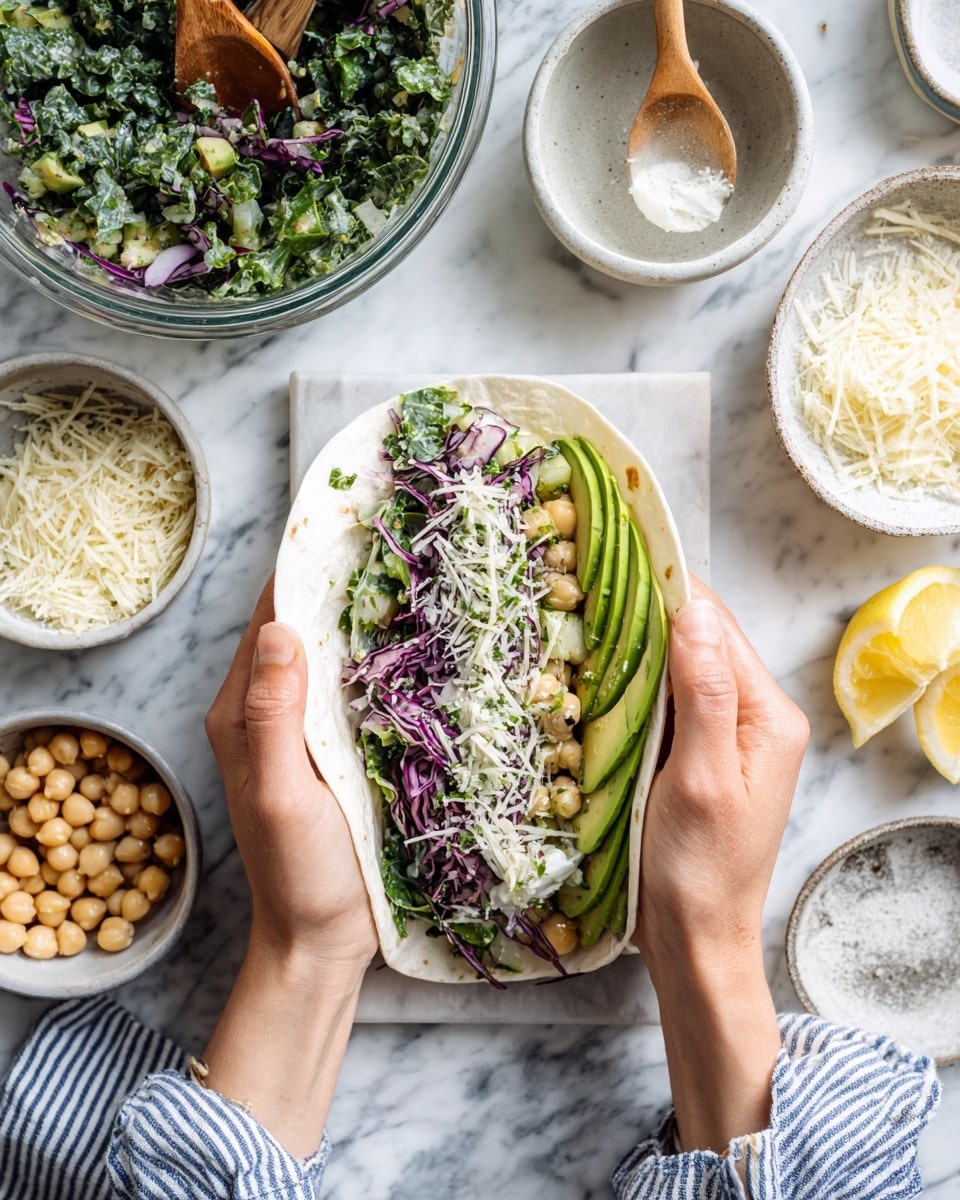 A white tortilla wrap is held open by two hands, showing three main layers inside: on the bottom, three long slices of green avocado; in the middle, a layer of chopped light beige chickpeas mixed with a few herbs; and on top, a mix of green kale and purple radicchio leaves with shredded white cheese sprinkled over. Around the wrap on a white marbled surface, there are several bowls: one large clear glass bowl filled with a green and purple leafy salad with a wooden spoon, one small white bowl with light dressing and a wooden spoon, another small white bowl with shredded white cheese, and a clear glass bowl containing more chickpeas with a silver spoon. Two lemon halves and a white plate with light crunchy pieces also appear nearby, along with a blue and white striped cloth. Photo taken with an iphone --ar 4:5 --v 7
