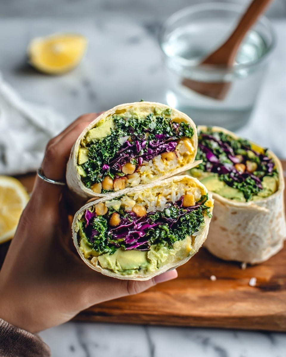 A woman's hand is holding one half of a wrap sandwich, showing three clear layers: a base layer of light orange chickpeas, a middle layer of sliced light green avocado, and a top layer of dark green leafy kale and purple-red radicchio. The other half of the wrap is placed upright on a wooden board in front of a white marbled surface, with some chopped greens scattered around. In the background, there is a glass bowl with a wooden spoon and a glass of water, all set against a white tiled wall. A lemon wedge and a small glass bowl with a creamy sauce are also visible nearby. Photo taken with an iphone --ar 4:5 --v 7
