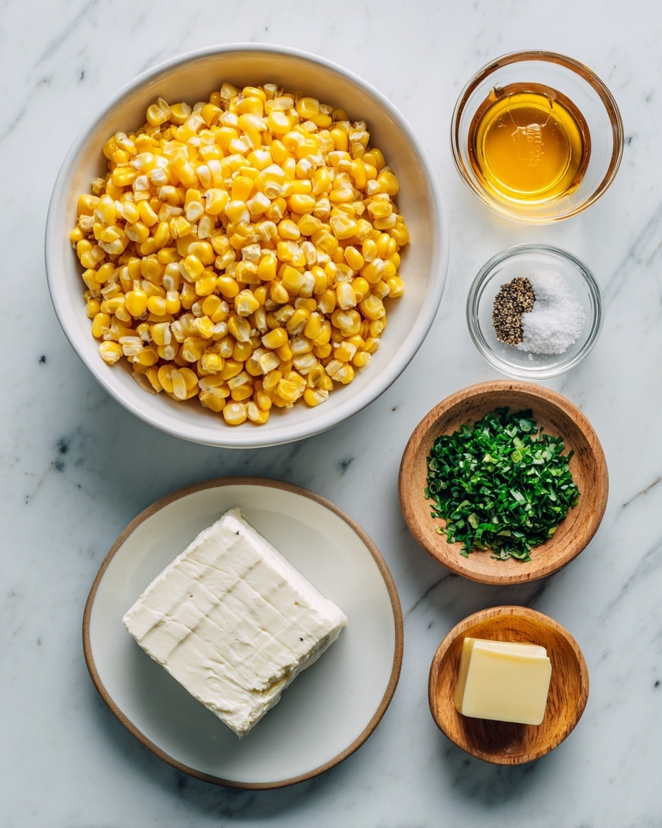 A white bowl filled with bright yellow corn kernels sits on the left side of the white marbled surface. To its right are five smaller containers arranged in a loose circle: a small clear glass bowl with golden honey, a white plate holding a block of white soft cheese, a wooden bowl with chopped green herbs, a wooden bowl containing a small square of pale yellow butter, and a small clear glass bowl with black pepper and salt. The ingredients are neatly spaced and shown from a top-down view. Photo taken with an iphone --ar 4:5 --v 7