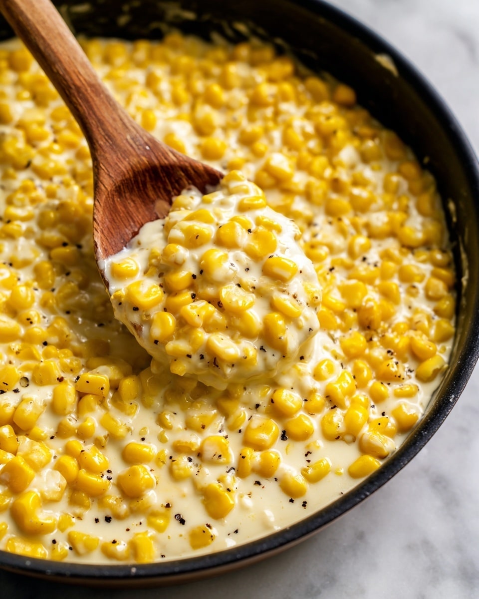 A wooden spoon holds a close-up scoop of creamy corn mixture, showing bright yellow corn kernels thickly coated with a smooth white sauce, sprinkled with small black pepper bits. The corn and sauce blend together with a slightly shiny texture, filling the background of the image completely with the same creamy, yellow corn mix in a pan. The scene is set on a white marbled surface. photo taken with an iphone --ar 4:5 --v 7