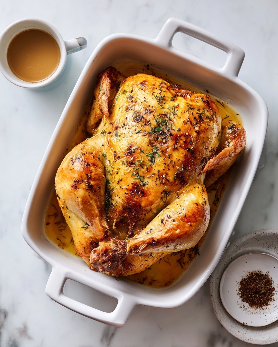 The image shows a whole cooked chicken placed in a white rectangular baking dish with handles on both sides. The chicken has a golden-yellow color with some small visible herbs and spices on its surface, giving it a slightly textured look. The baking dish sits on a white marbled surface, and in the bottom left corner of the image, there is a small white cup containing a light brown sauce. To the right, near the edge, a woman's hand holds a small plate or bowl with a dark brown spice or seasoning. The photo taken with an iphone --ar 4:5 --v 7