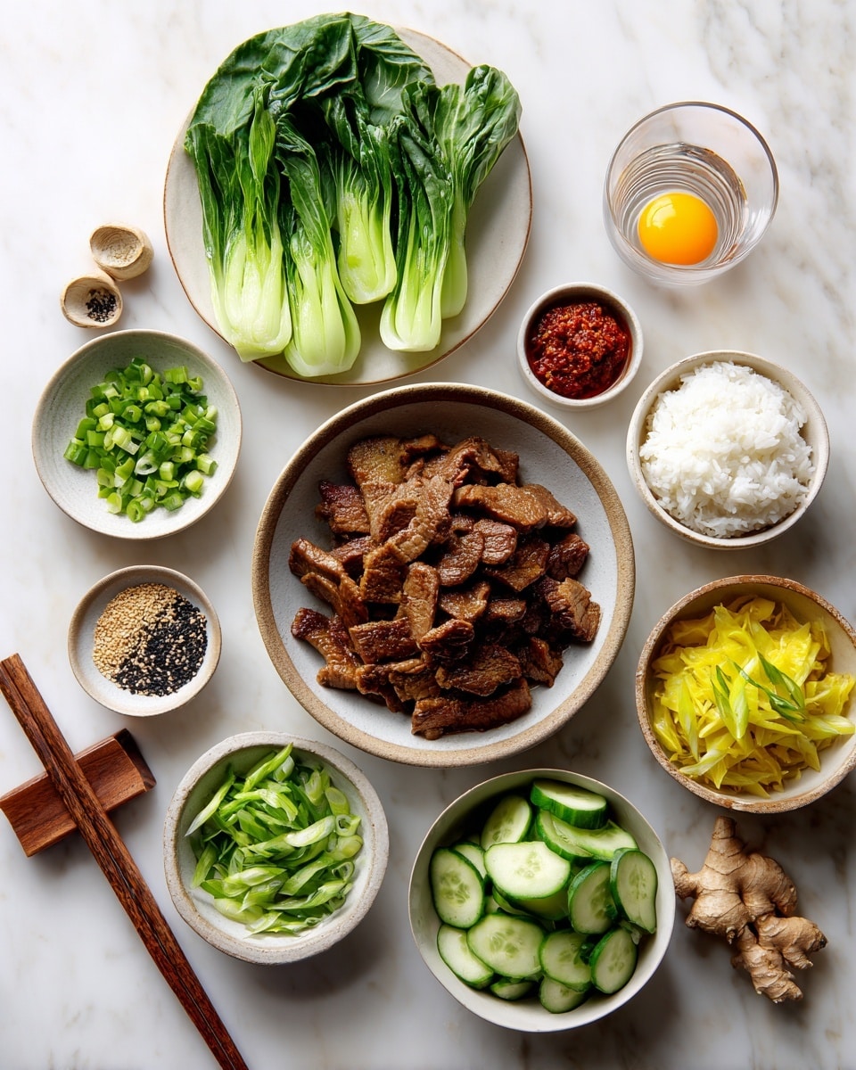 The image shows several bowls and plates arranged on a white marbled surface. In the center is a bowl filled with cooked, sliced brown meat with a slightly glossy texture. Surrounding it are dishes with fresh green bok choy leaves on a white plate to the left, chopped green onions in a white bowl below, and sliced cucumbers in another white bowl at the bottom center. To the right, there is a bowl of bright yellow pickled vegetables, a bowl of white rice, and a small glass with a soft-boiled egg showing its yolk. Additionally, three small bowls hold sauces and seasonings: one with black and white sesame seeds at the top left, one with a reddish chili paste beside it, and one with plain sesame seeds below the chili paste. A wooden dish with ginger roots is placed in the bottom left corner, and a pair of wooden chopsticks rests diagonally near the top right. Photo taken with an iphone --ar 4:5 --v 7