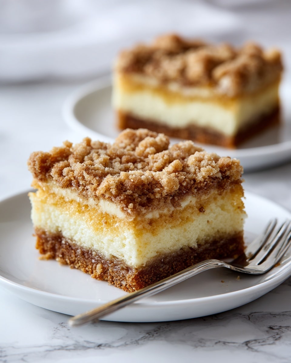 A piece of crumb cake is shown on a white plate with a silver fork resting next to it. The cake has two layers: the bottom layer is golden brown and moist, while the top layer is a thick, crumbly topping with a light brown and slightly rough texture. In the background, there is another similar piece of crumb cake on a white plate, slightly out of focus. Both plates sit on a white marbled surface. photo taken with an iphone --ar 4:5 --v 7