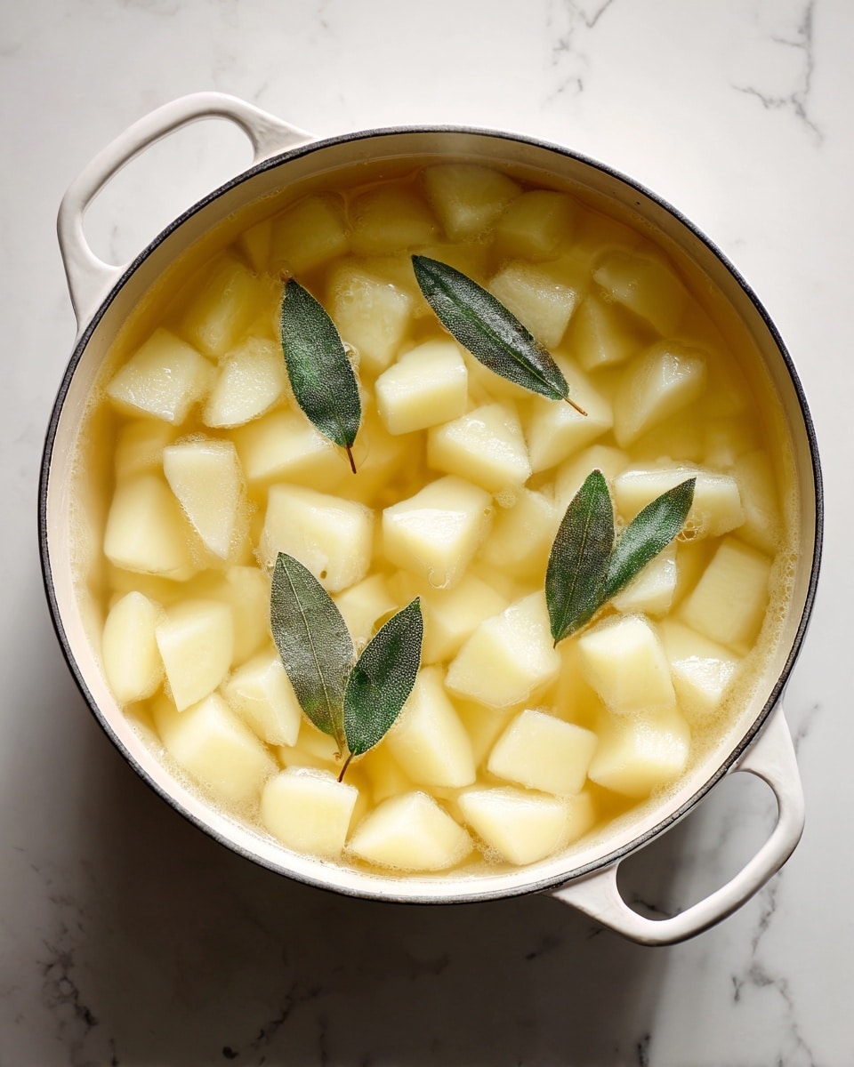 A white pot filled with water and light yellow potato cubes evenly spread inside, with some bay leaves floating on the surface. The potatoes have a smooth, soft texture, and the water has steam rising gently from it, showing heat. The pot is placed on a white marbled surface. Photo taken with an iphone --ar 4:5 --v 7
