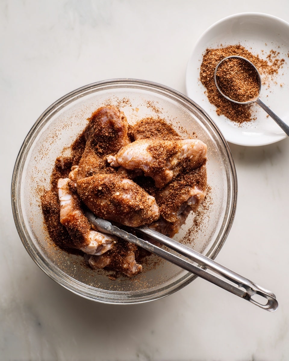 A clear glass bowl sits on a white marbled surface filled with several pieces of raw chicken covered in a dark brown spice mix with a grainy texture. Silver tongs rest inside the bowl, partially lifting the chicken. Next to the bowl, there is a small white plate holding a stainless steel measuring spoon filled with the same dark brown spice mix, some of which has spilled onto the plate. The scene is bright and clean with a minimalistic feel. photo taken with an iphone --ar 4:5 --v 7
