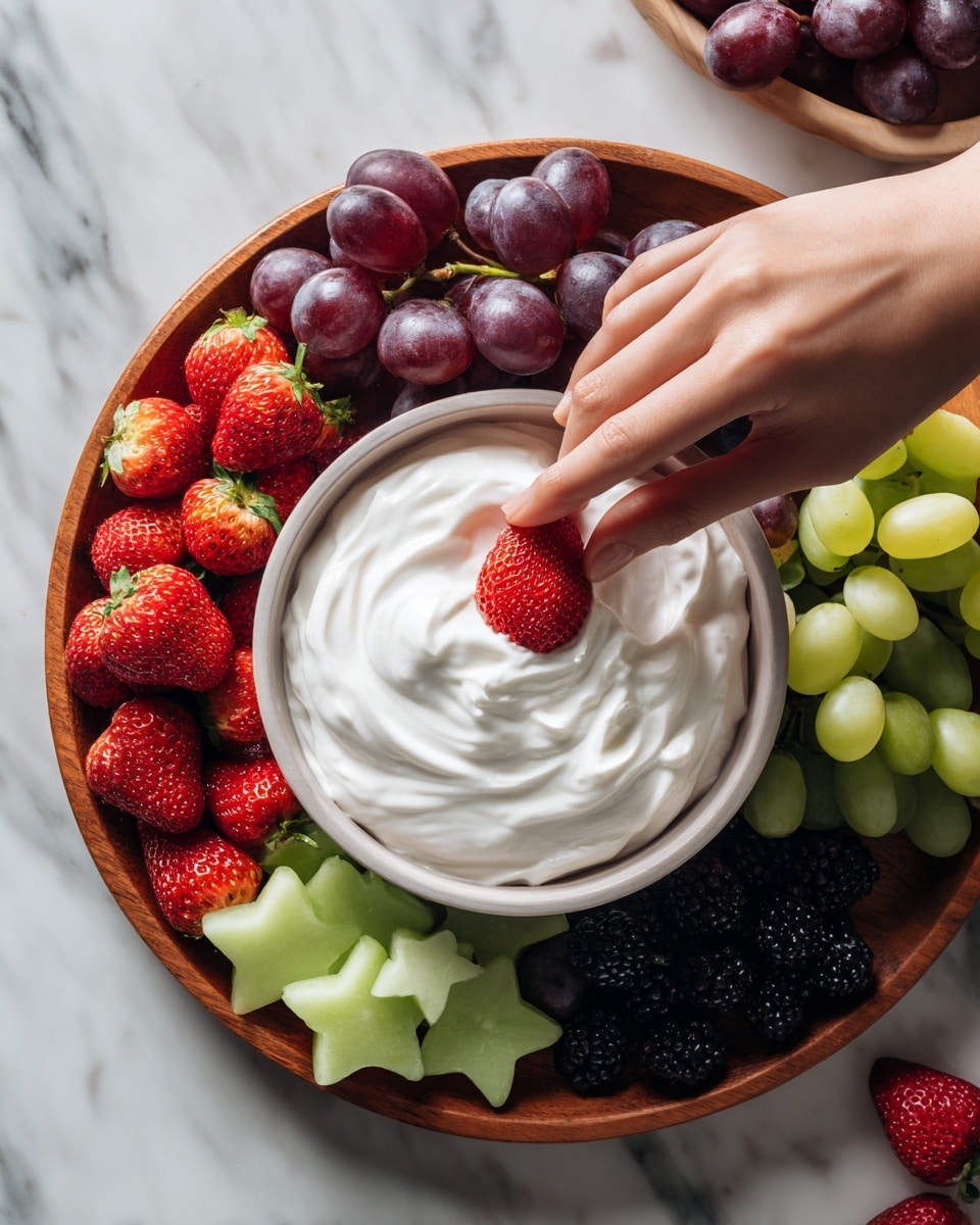 A woman's hand is placing a bright red strawberry into a round white bowl filled with smooth, thick white cream. Around the bowl, there are fresh fruits arranged in sections of a wooden tray: dark purple grapes, deep red strawberries, green star-shaped slices of fruit, and dark blackberries. The background shows a white marbled surface. The texture of the cream is soft and creamy, while the fruits look fresh and juicy. photo taken with an iphone --ar 4:5 --v 7