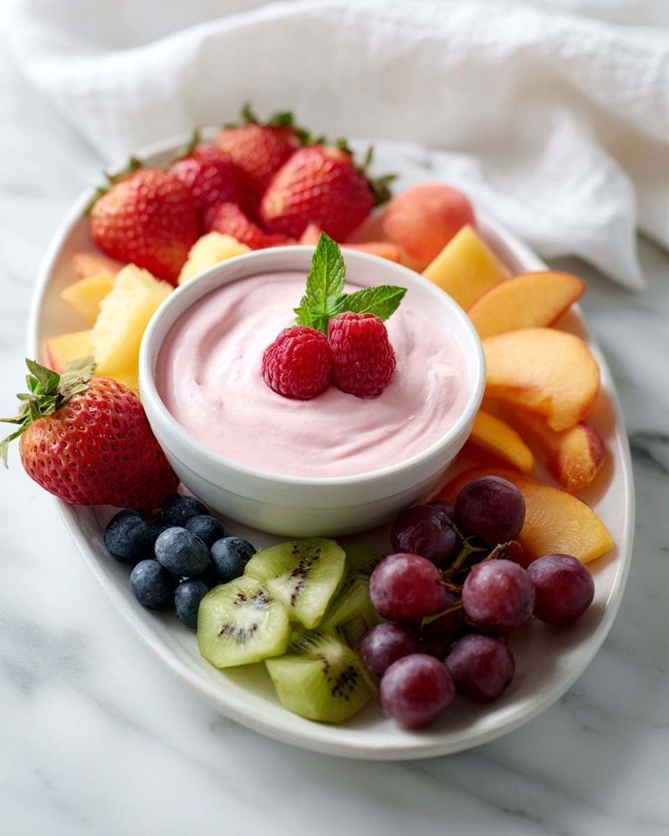 A large white plate holds a colorful fruit and yogurt platter arranged in a circle. In the center, a round white bowl is filled with smooth, light pink yogurt topped with a small cluster of raspberries and a green mint leaf. Surrounding the bowl, from top left going clockwise, are bright red strawberries and raspberries, orange-yellow peach slices, yellow pineapple chunks, green kiwi slices, dark blue blueberries, and red grapes. The plate sits on a white marbled surface with a soft white cloth nearby and a corner of pretzels visible in the top left corner. photo taken with an iphone --ar 4:5 --v 7
