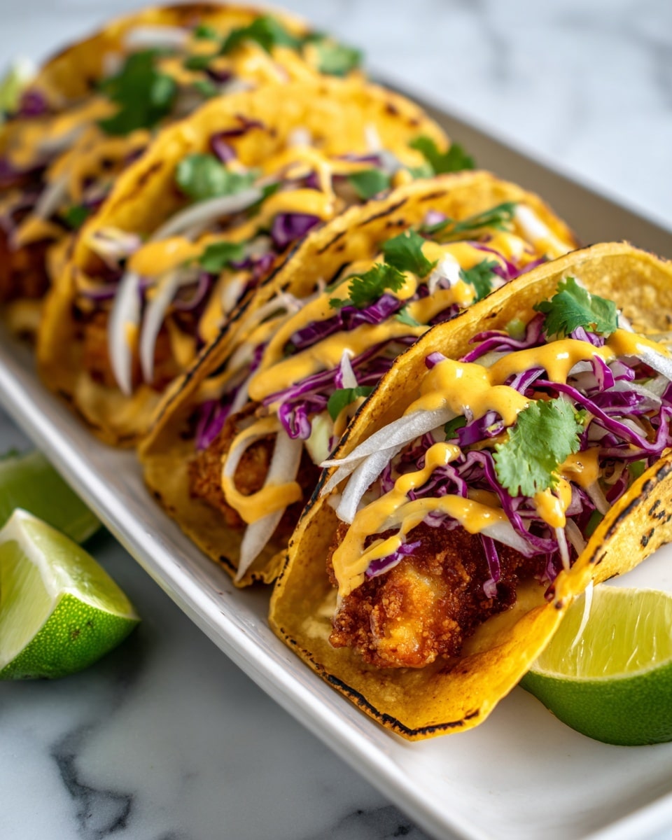 Three tacos are placed side by side on a white plate, set on a white marbled surface. Each taco has one yellow corn tortilla with light char marks, holding a crispy brown fried filling inside. On top of the filling is a mix of thinly sliced purple cabbage and light cream-colored slaw, drizzled with a yellow sauce. The tacos are garnished with chopped green cilantro. Two lime wedges with green rind and juicy pale green flesh rest on the plate beside the tacos. The photo taken with an iphone --ar 4:5 --v 7