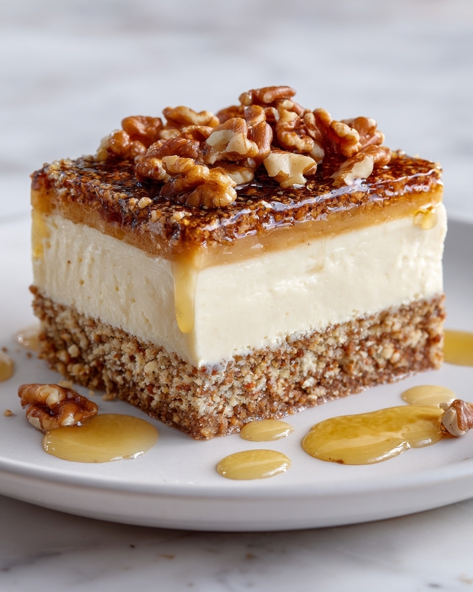 A slice of cheesecake with three layers on a white plate over a white marbled surface. The bottom layer is thick and crumbly with visible small nut pieces, light brown in color. The middle layer is creamy and smooth, pale cream-white, making up the largest part of the slice. The top layer is thin and dark golden brown with a slightly crispy, caramelized texture, sprinkled with small nut pieces. Several whole walnuts are placed on top, along with a few walnuts around the plate. Light amber syrup drizzles down the sides and pools on the plate. Photo taken with an iphone --ar 4:5 --v 7