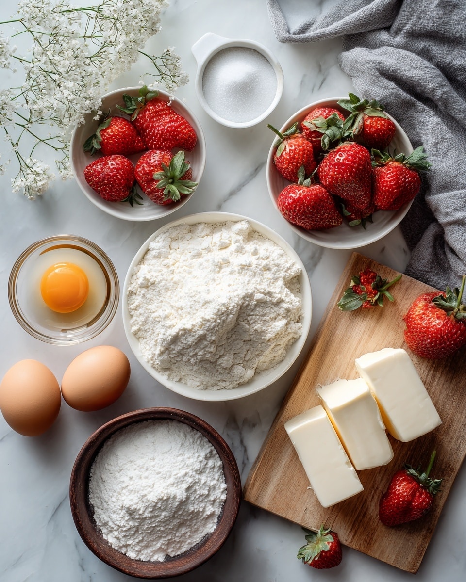 The image shows ingredients for a recipe arranged on a white marbled surface. There are three light brown eggs at the bottom left, next to a small clear glass bowl with one cracked egg showing its yolk. Above, there is a white bowl filled with a mound of white flour in the center. To the left, there are two white bowls containing fresh red strawberries with green leaves. A small white bowl with white granulated sugar is placed near the top center. On the right side, there is a small wooden cutting board holding four thick white butter squares. Below the eggs, there's a dark wooden bowl filled with white powdered sugar. A few loose fresh strawberries are scattered near the top right corner, and a grey cloth is partly visible in that area. There is some delicate white flower decoration in the top left corner. photo taken with an iphone --ar 4:5 --v 7