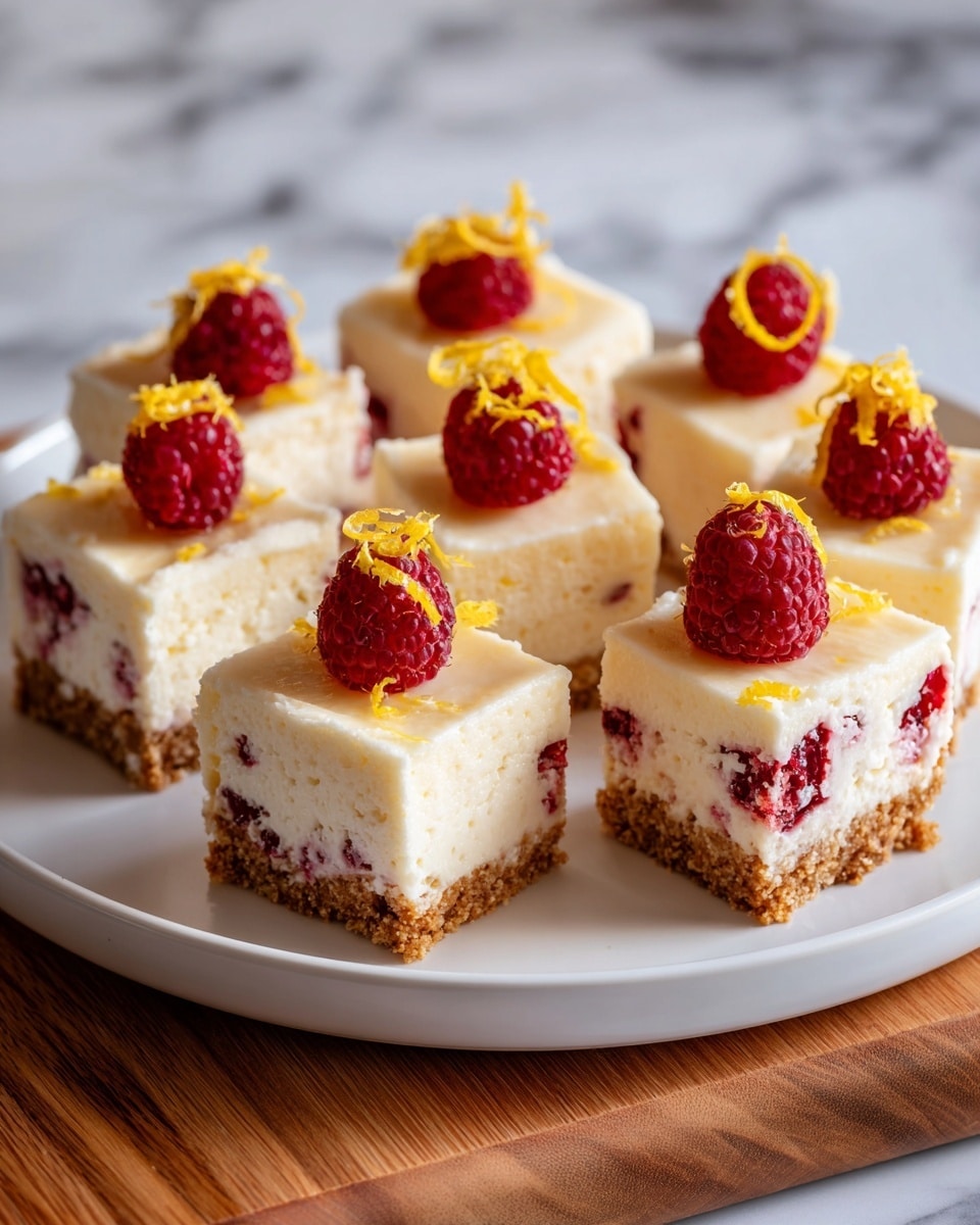 A white plate holds seven square slices of a layered cheesecake dessert arranged close together. Each slice has three visible layers: a light brown crumbly base, a thick creamy pale yellow middle with embedded raspberries, and a smooth pale yellow top. The top layer is decorated with a few bright red raspberries and thin strands of yellow lemon zest. The background is a white marbled texture with a wooden surface partly visible behind the plate. photo taken with an iphone --ar 4:5 --v 7