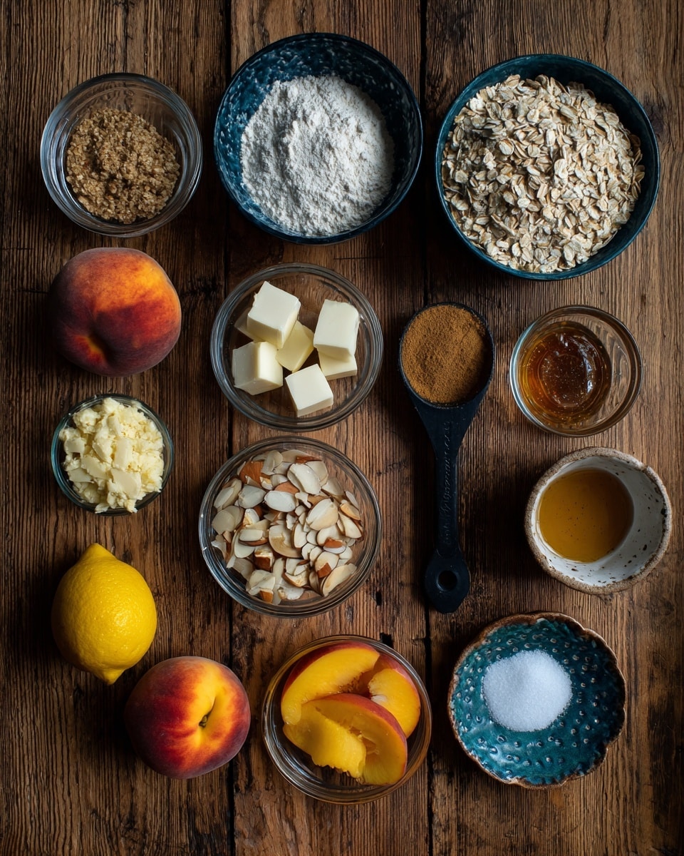 The image shows a wooden surface with various small glass bowls and dishes arranged neatly, each containing different ingredients. There is a pile of flour, oats, brown sugar, white cubes of butter, sliced almonds, and small amounts of spices and liquids like honey and vanilla extract. Fresh whole peaches and a lemon are placed beside the bowls, adding a pop of color with their orange, yellow, and red tones. A black measuring spoon with a brown spice is also visible among the ingredients. The overall look is neat and colorful, showcasing dry and wet baking ingredients together on the wooden surface. photo taken with an iphone --ar 4:5 --v 7