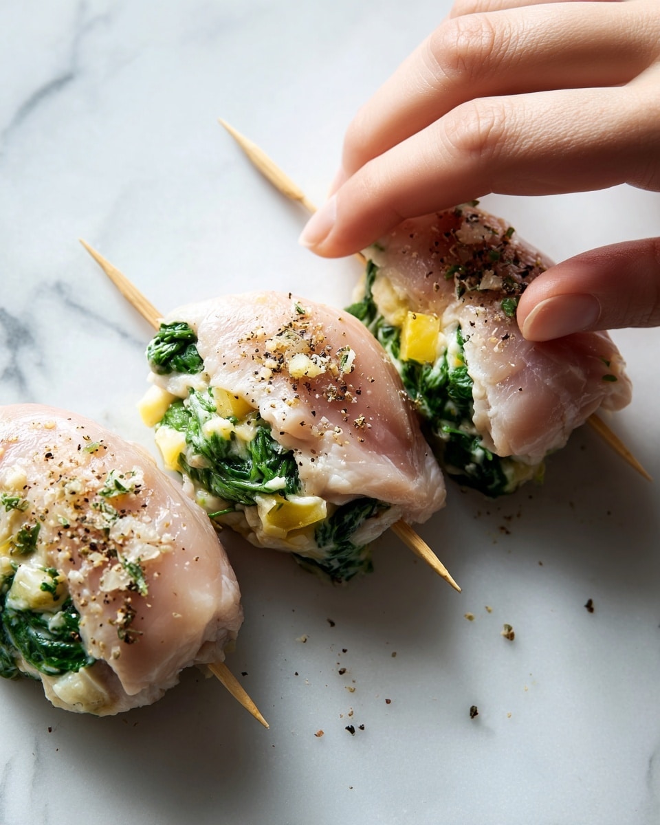The image shows three raw chicken pieces on a white marbled surface. Each piece is stuffed with green spinach and golden cheese inside, held together with wooden skewers. The chicken is light pink with a sprinkle of black pepper on top. A woman's hand is placing one chicken piece down gently near the others. The background is a clean white marbled texture. Photo taken with an iphone --ar 4:5 --v 7