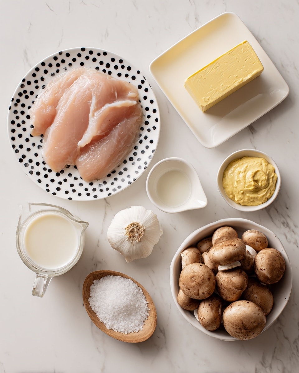 The image shows an arrangement of raw chicken slices placed on a white plate with black polka dots at the bottom left. Above and to the right, there is a small white square plate with a rectangular block of butter. Next to it, a small white bowl contains a yellow paste, likely mustard. To the right of the butter plate, there is a white bowl filled with whole brown mushrooms. Below the mushrooms, a white measuring cup holds a white powder, probably flour, and next to it is a glass container filled with cream or milk. Near the center, a bulb of garlic rests on the white marbled surface. A small wooden bowl filled with coarse salt is positioned near the garlic. The whole setting sits on a white marbled surface. photo taken with an iphone --ar 4:5 --v 7