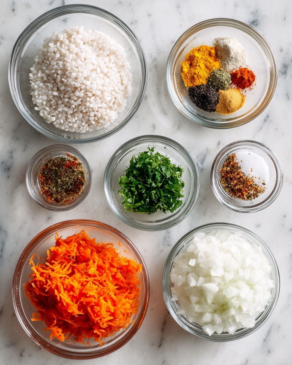 The image shows six clear glass bowls arranged on a white marbled surface. One bowl has a large amount of small white grains in it, placed on the left side. Another bowl contains bright orange shredded carrots at the bottom left. Above the carrots, a small bowl holds chopped green herbs. At the top right, there is a bowl with a mix of colorful spices including yellow, white, black, and brown powders. Below that, a bowl is filled with a reddish-orange mixture, possibly marinated meat or sauce, on the right side. Finally, a bowl of finely chopped white onions is near the center. The bowls have a clean and simple look with the white marbled surface in the background. Photo taken with an iphone --ar 4:5 --v 7