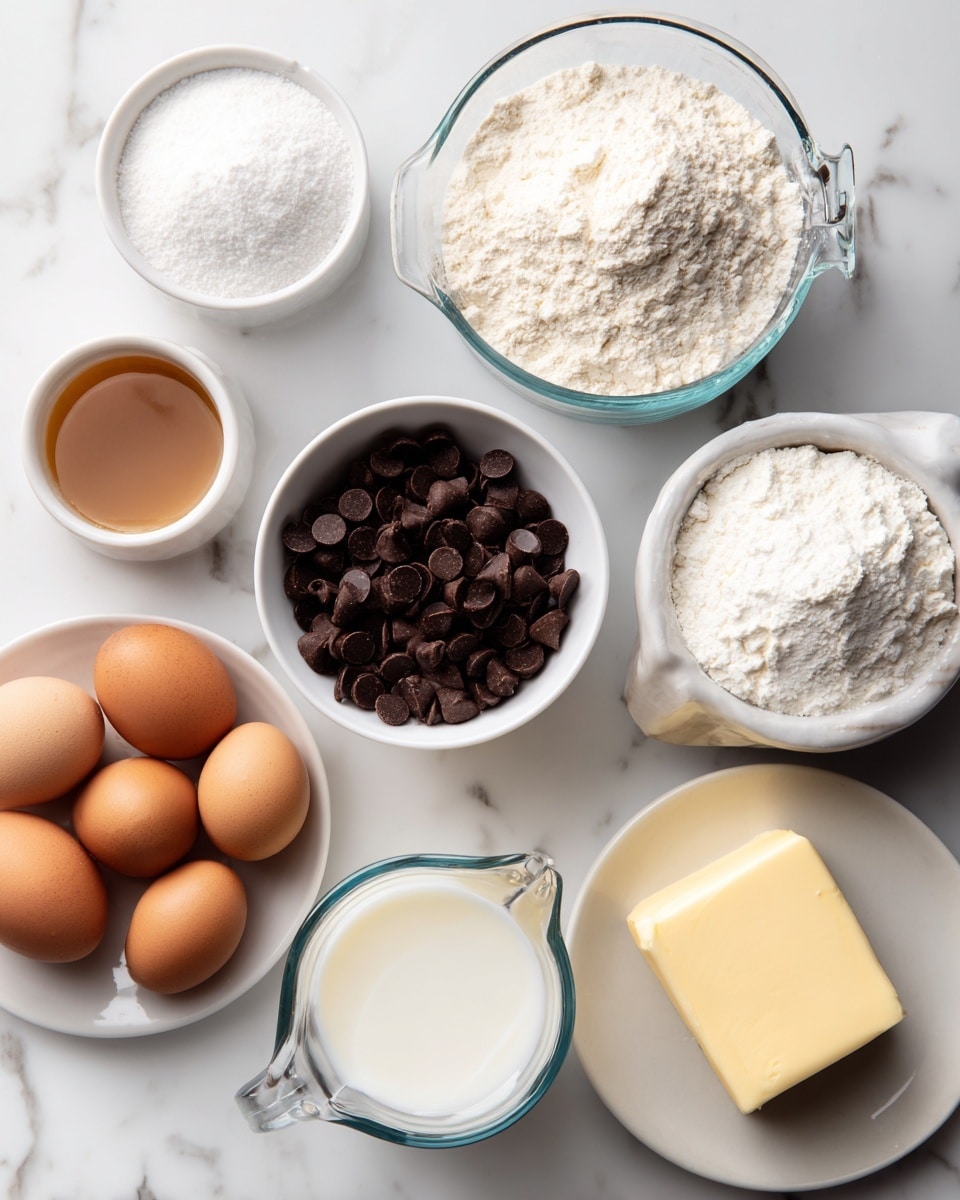 The image shows several small white bowls and clear measuring cups arranged on a white marbled surface, each filled with different baking ingredients. There are four brown eggs on a white small plate at the bottom left, a round white bowl filled with dark brown chocolate chips in the center, a white bowl with a white powdery substance (likely baking powder) at the left, and a small white bowl with a light brown liquid (possibly vanilla) near the top left. At the top right, a clear glass measuring cup is filled with flour, while a similar cup filled with white milk is near the bottom center. A small white plate with a block of light yellow butter is on the right. Photo taken with an iphone --ar 4:5 --v 7