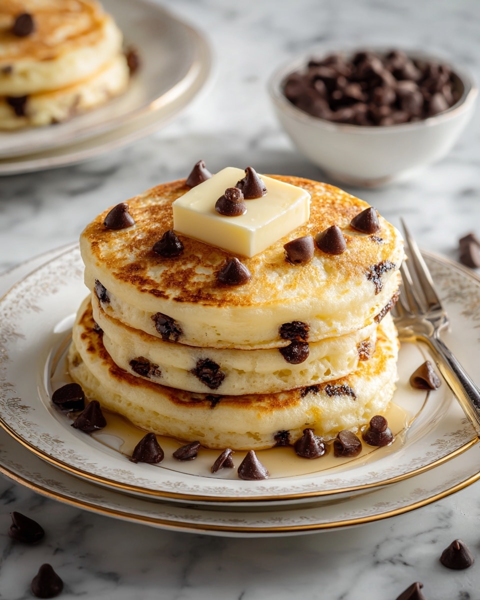 A stack of three golden-brown chocolate chip pancakes sits in the center of a white plate with a decorative gold rim. The pancakes are thick and fluffy, with melted chocolate chips scattered on top, inside, and around the pancakes. A small square of butter melts slowly on the top pancake, surrounded by more chocolate chips. The plate is on a white marbled surface, and a blurred bowl of chocolate chips is seen in the background. Photo taken with an iphone --ar 4:5 --v 7