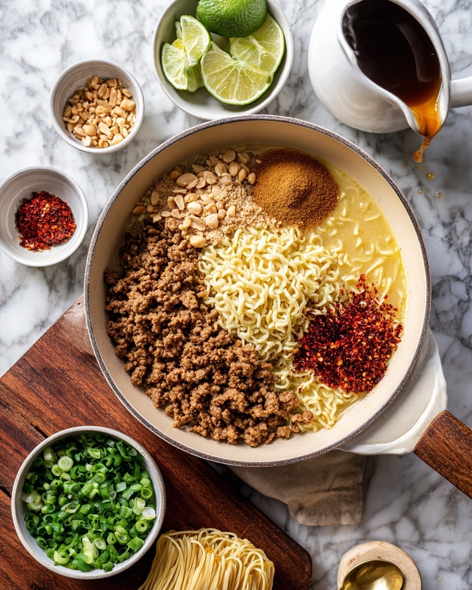 A large white pan holds browned ground meat with four different toppings layered on top: a pale yellow paste near the center, a light brown powder beside it, some red pepper flakes scattered around, and a dark liquid sauce being poured from a small white pitcher on the right side. Around the pan on a white marbled surface, there are four small round white bowls containing chopped green onions, crushed peanuts, red pepper flakes, and a reddish sauce with a gold spoon inside. A wooden board holds more chopped green onions, two halves of a lime, and a small white bowl with some yellow paste. A block of uncooked ramen noodles sits partially visible at the bottom center. The photo taken with an iphone --ar 4:5 --v 7