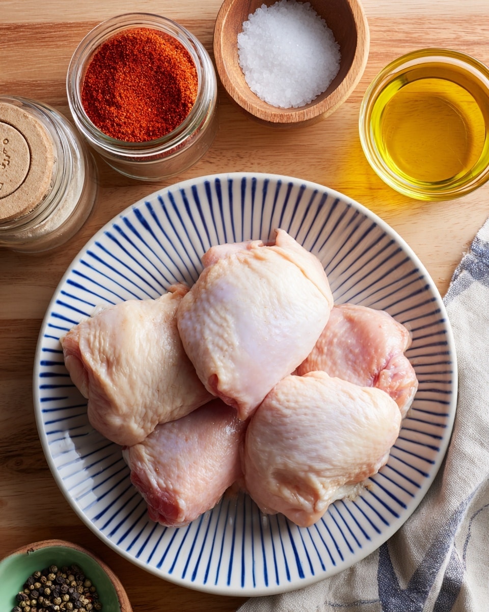The image shows a white plate with blue stripes filled with four raw chicken pieces, pale pink and smooth in texture, placed on a wooden surface. To the left, there are two clear jars with wooden lids, one labeled paprika with a red powder and the other labeled garlic powder with a light beige powder. Below the jars, there's a small green bowl with cracked black pepper and next to it, a small wooden bowl with white salt. Above the bowls, a small glass bowl contains golden yellow oil. The scene is set on a wooden background, simple and clean. photo taken with an iphone --ar 4:5 --v 7