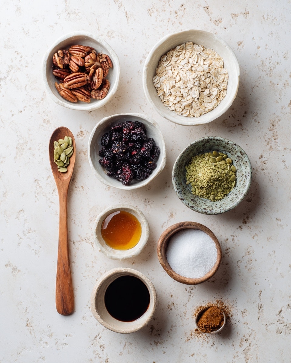 The image shows a small wooden board placed on a white marbled surface with several ingredients arranged neatly. At the top left, there is a white bowl shaped like an apple filled with light beige rolled oats. Next to it, on the right, a small glass bowl contains smooth, light brown peanut butter. Below that, a small round glass bowl filled with white milk is visible. To the left of the milk, a white bowl shaped like an apple has a mixture of dark brown chia seeds and walnuts. A whole red apple sits slightly to the right center of the board, with several slices of apple arranged next to it at the bottom right. Below the bowls, a clear small glass cup holds thick golden honey, with another tiny white bowl filled with dark brown spice or seeds beneath it. The background cloth under the board has red flowery patterns. photo taken with an iphone --ar 4:5 --v 7