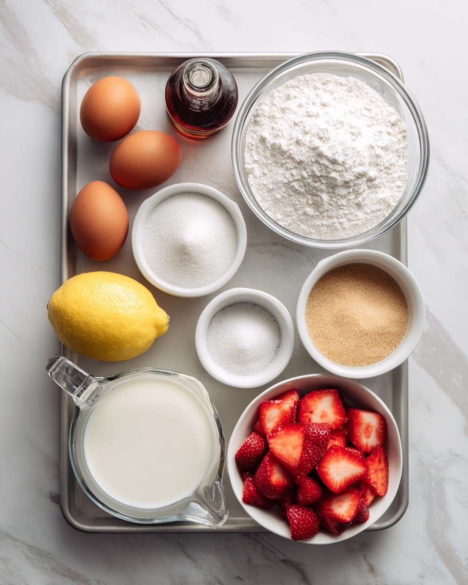 The image shows a baking tray with various ingredients arranged neatly on a white marbled surface. There are two brown eggs on the top left, next to a bottle of vanilla extract. A glass bowl filled with white flour is placed to the right of the eggs. Below the eggs and vanilla is a small white bowl with a white granular ingredient, and next to it is a small white bowl with light brown sugar. Below the sugar is another small white bowl with baking powder. On the bottom left corner is a glass measuring cup filled with milk, next to a whole yellow lemon. To the right, there is a white bowl filled with sliced strawberries. The whole setup is clean and organized, giving a clear view of each ingredient. Photo taken with an iphone --ar 4:5 --v 7