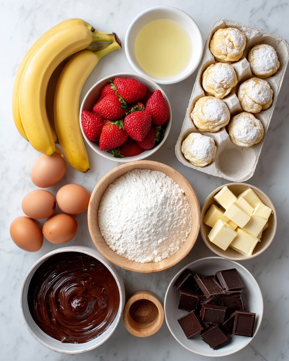 The image shows eleven ingredients arranged neatly on a white marbled surface. On the left side, two yellow bananas are placed vertically next to a carton holding four brown eggs. Moving toward the center, a white bowl at the top contains a light yellow liquid, and beneath it, there is a wooden bowl filled with white flour. Below that is a white bowl filled with more flour. To the right of the flour, a small wooden cup holds a light brown powder. Surrounding this are four beige bowls: one at the top filled with red strawberries with green leaves, another on the right with medium-sized dark chocolate chunks, and below it, a bowl with pale yellow butter slabs. At the bottom center, there is a bowl filled with smooth, dark melted chocolate. In the top right, there is a white carton holding four small cream-filled pastries with golden-brown, flaky crusts. The whole setup looks clean, colorful, and well-organized. photo taken with an iphone --ar 4:5 --v 7