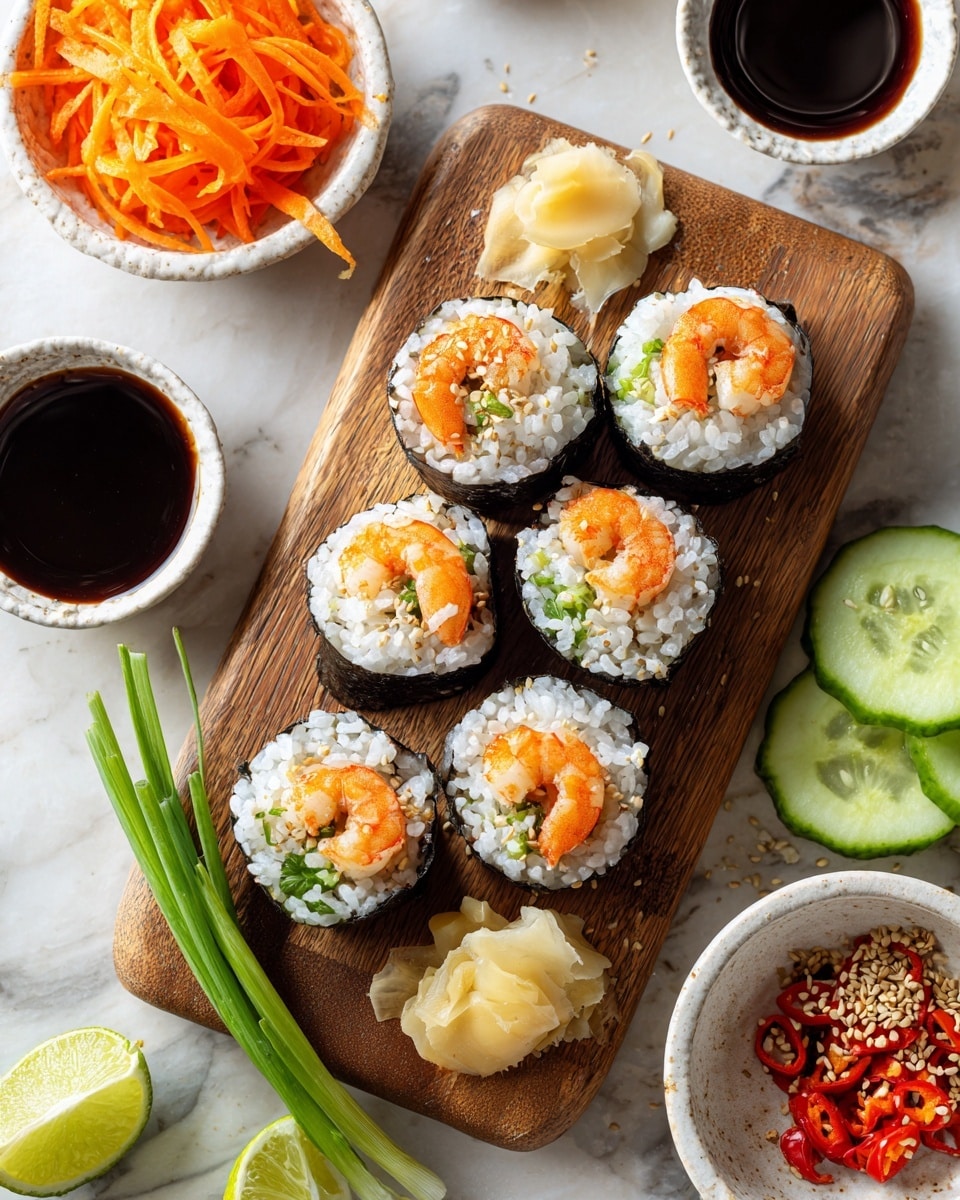 The image shows six pieces of shrimp sushi arranged in two rows on a small wooden board placed on a white marbled surface. Each sushi piece has a layer of white rice wrapped in dark seaweed, topped with a whole cooked shrimp showing orange and white colors. Around the board are small white bowls containing dark soy sauce, a light tan dollop of ginger, sliced green cucumber, bright orange shredded carrot, white rice, and red pepper mix with sesame seeds. There are also some green onion sticks and a half lime placed near the bottom edge of the board. Photo taken with an iphone --ar 4:5 --v 7